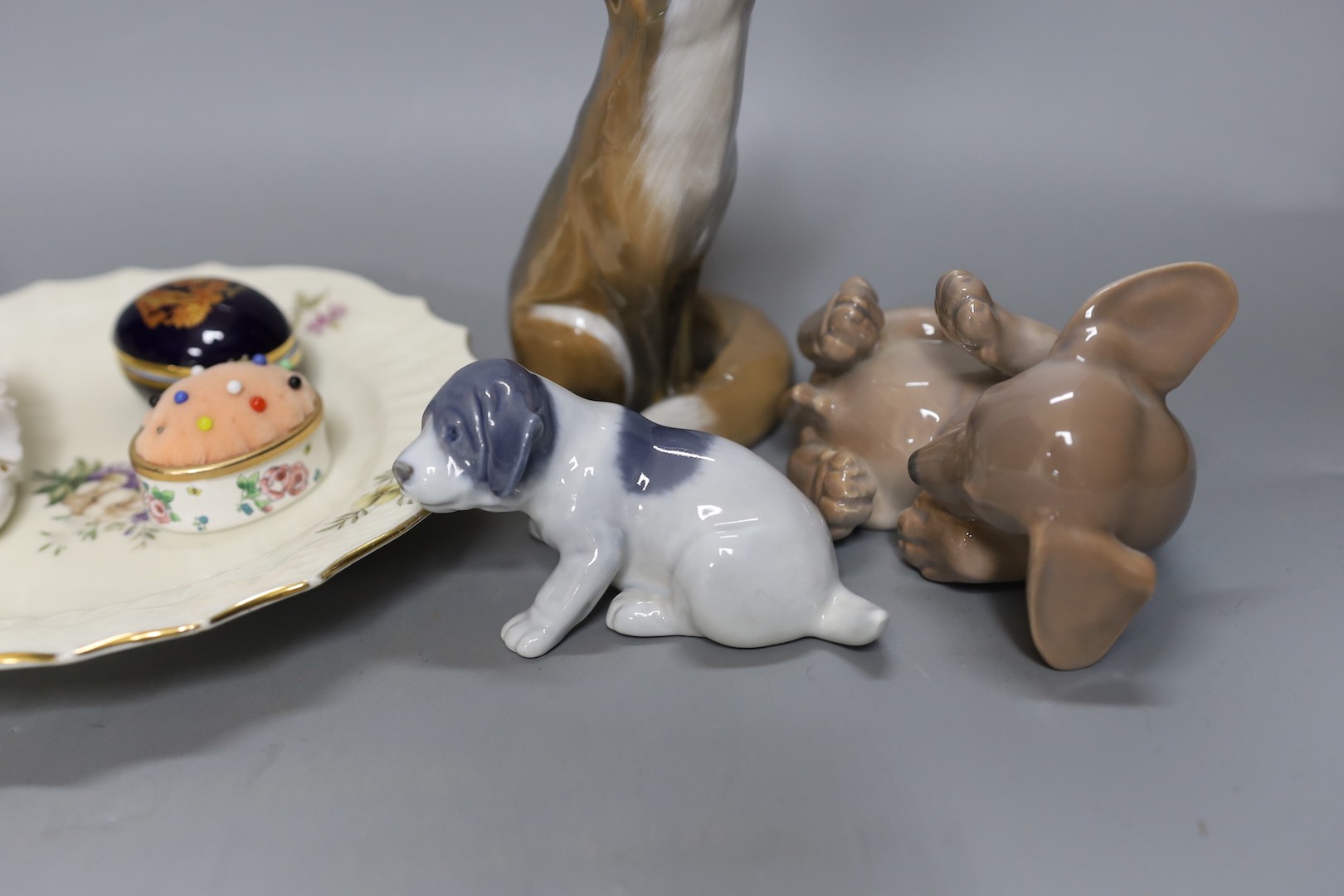 A group of various Copenhagen animals and dishes, together with Halcyon Days, Limoges and a small porcelain shoe